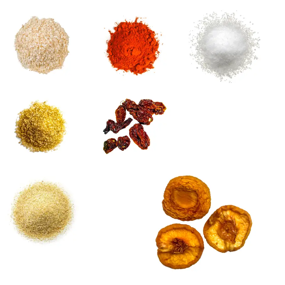 A grid of seven ingredients for making peach-habanero seasoning on a white background.