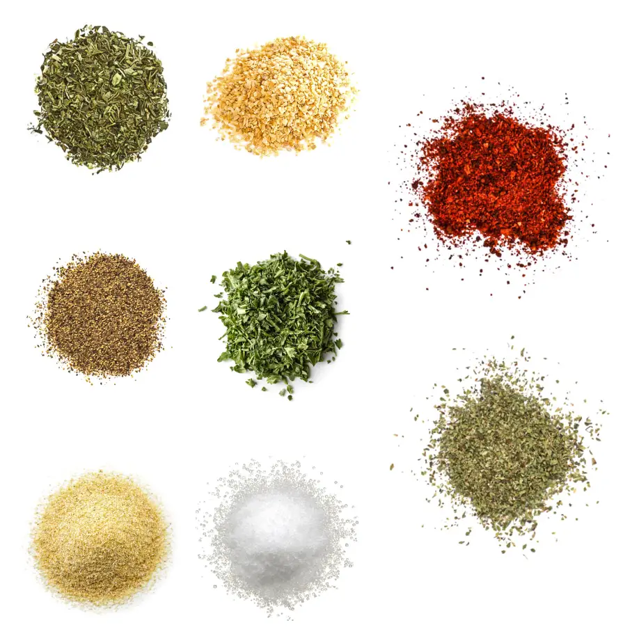 A grid of eight ingredients for making rice seasoning on a white background.