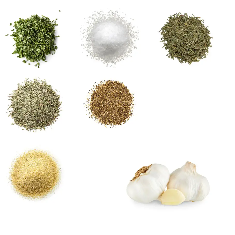 A grid of seven ingredients for making roasted garlic seasoning on a white background.