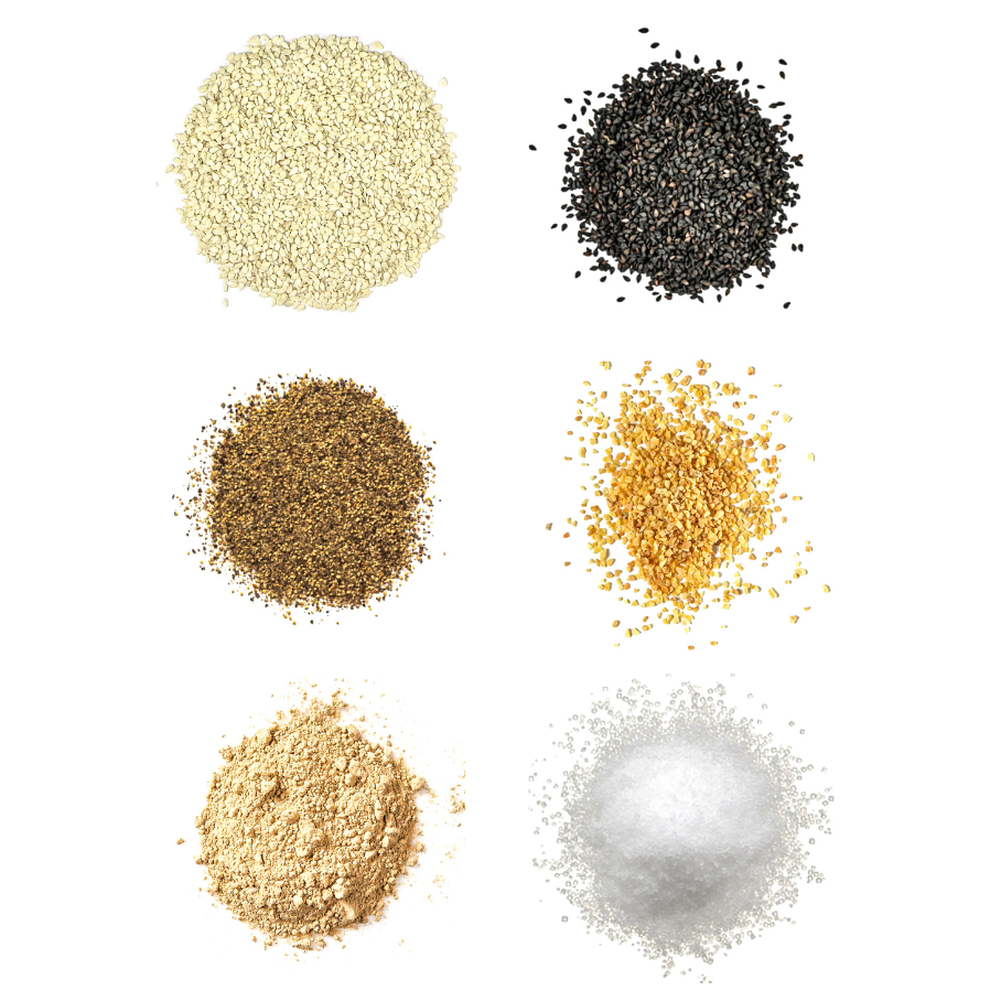 A grid of six ingredients for making sesame ginger seasoning on a white background.