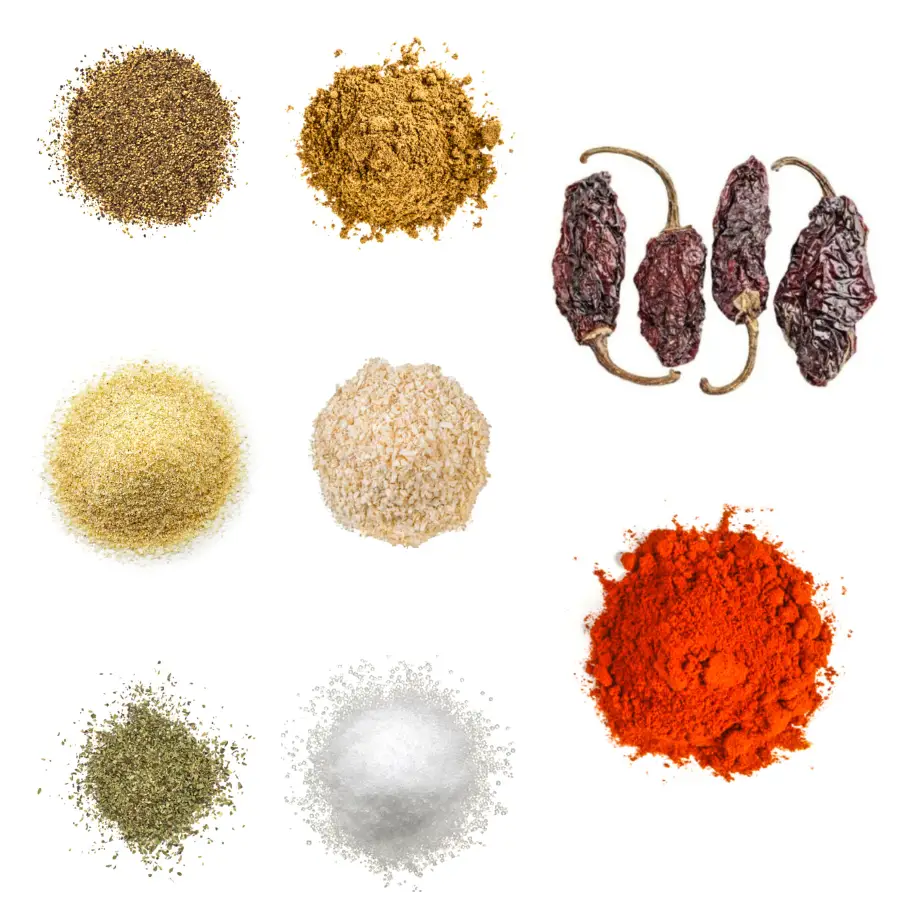 A grid of eight ingredients for making smoky chipotle seasoning on a white background.