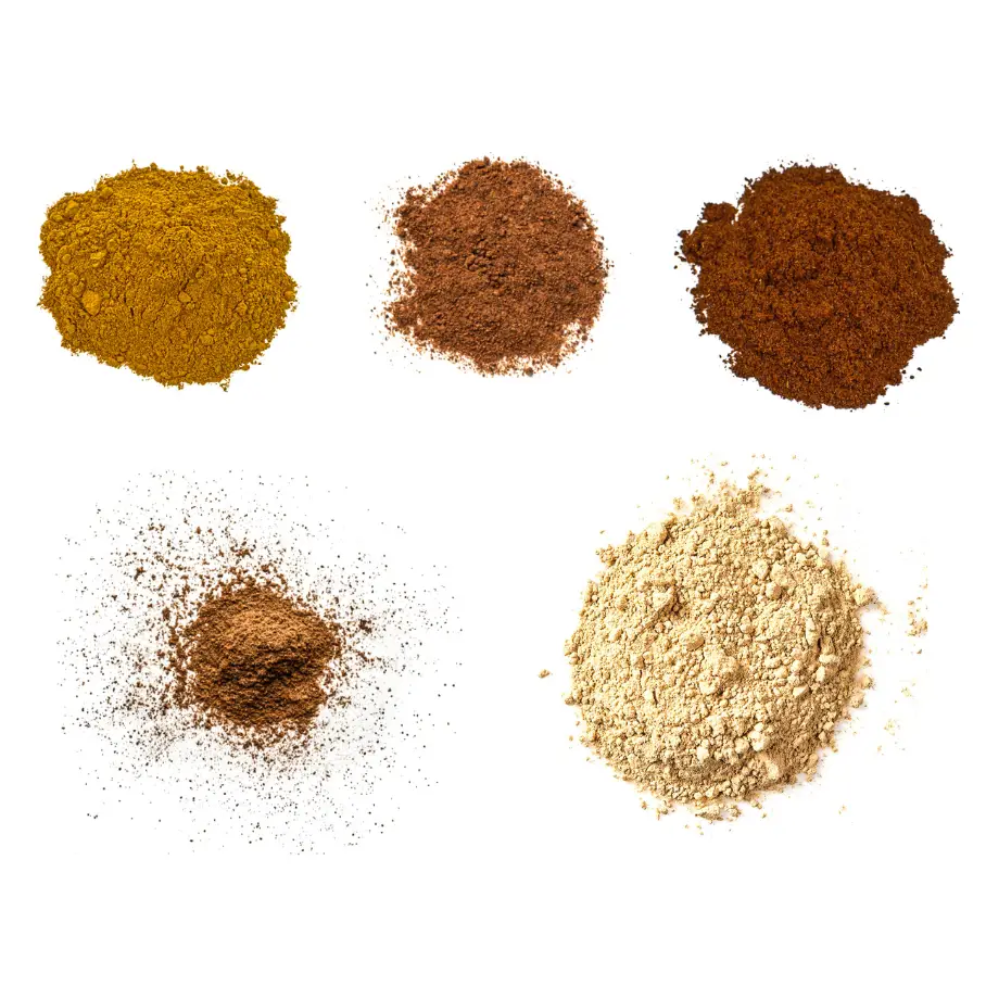 A grid of five ingredients for making sweet potato pie spice blend on a white background.