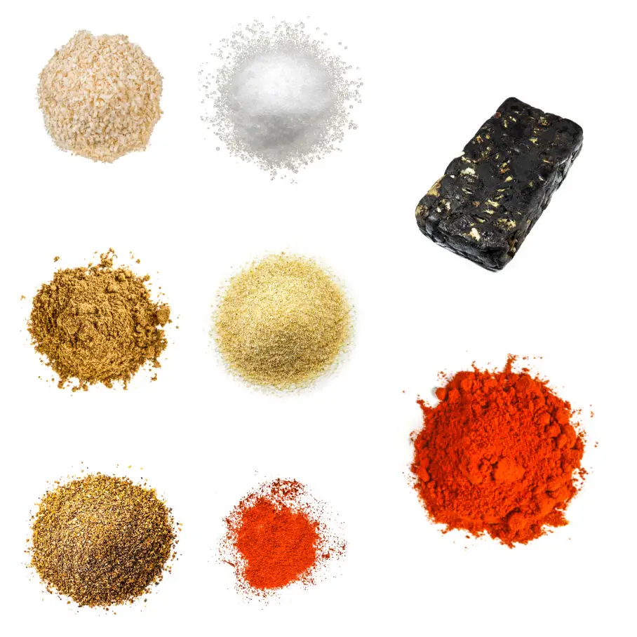 A grid of eight ingredients for making tamarind seasoning on a white background.