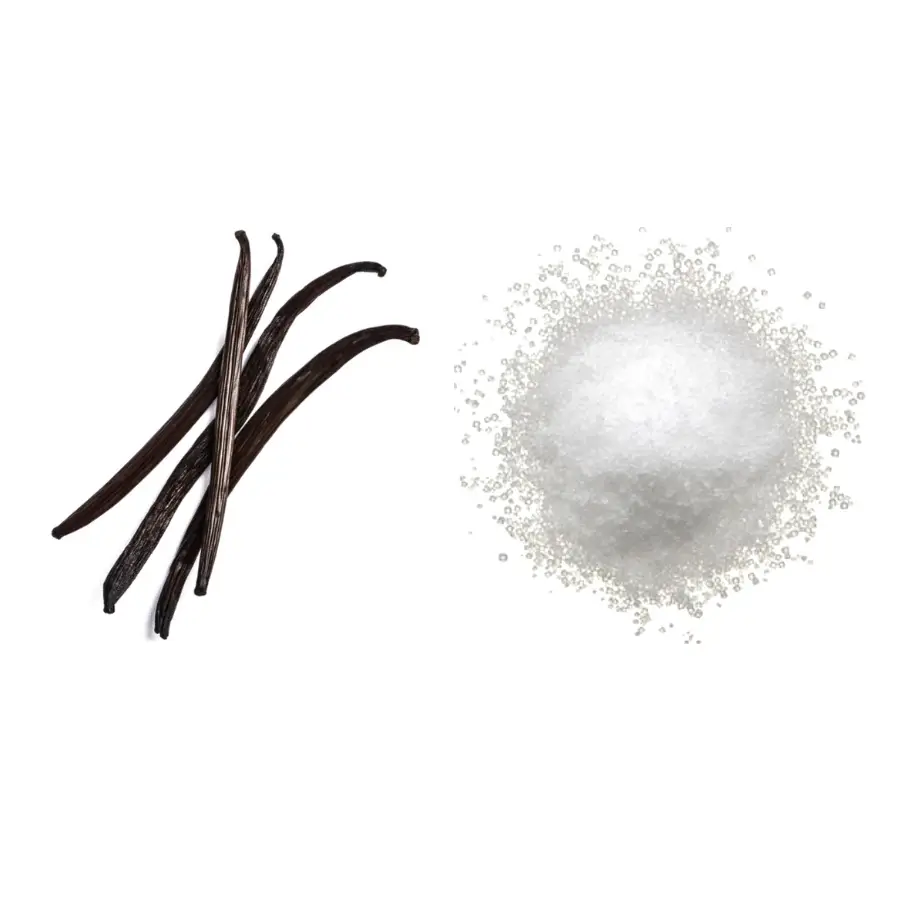 A grid of two ingredients for making vanilla bean sugar seasoning on a white background.