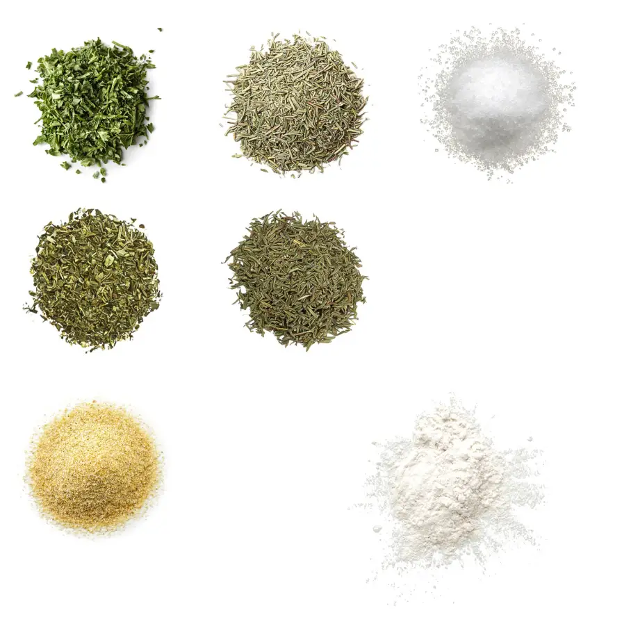 A grid of seven ingredients for making white wine-herb seasoning on a white background.