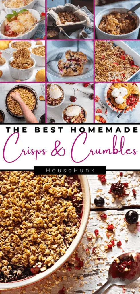 A collage of images of different types of crisps and crumbles with a pink background and white text that reads “The Best Homemade Crisps & Crumbles” and a logo for “HouseHunk”.