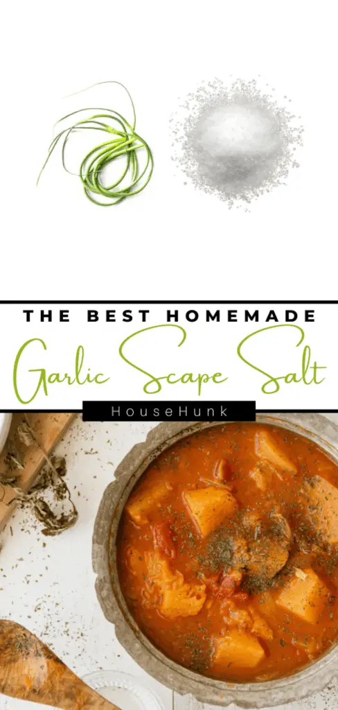 A collage of three images showing how to make garlic scape salt, a seasoning made from garlic scapes and salt. The top image shows the ingredients, the middle image shows the name of the recipe and the source, and the bottom image shows a bowl of soup or stew seasoned with garlic scape salt.
