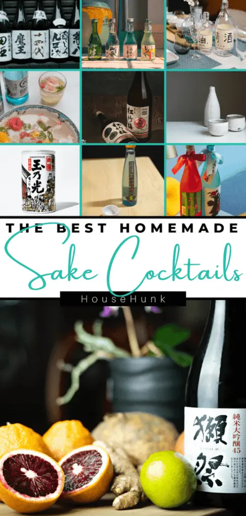 A collage of images of sake cocktails and bottles with sushi, fruits, and sake cups on a white background and a label that reads “THE BEST HOME SAKE COCKTAILS”.