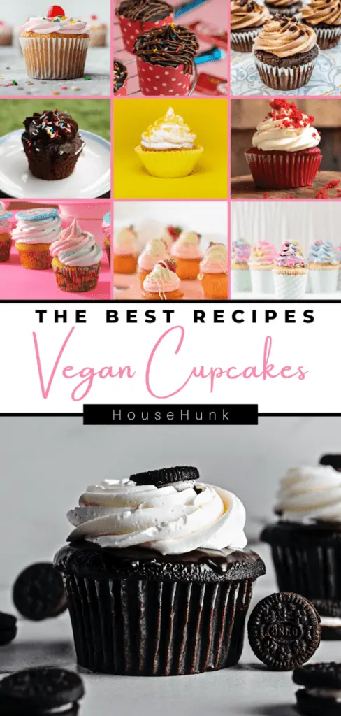 A collage of multiple images of vegan cupcakes with different flavors, colors, toppings, and decorations and a text that reads “The Best Recipes Vegan Cupcakes" and "HouseHunk”.