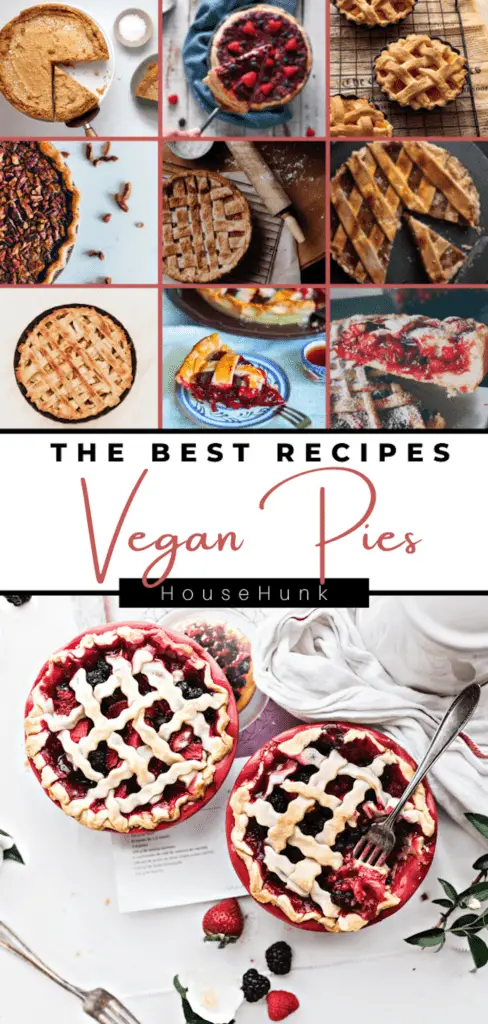 A collage of images of vegan pies with different types, crusts, and toppings and a text banner that reads “THE BEST RECIPES Vegan Pies" and "HouseHunk”.