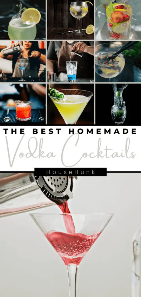 A collage of 9 images of vodka cocktails from HouseHunk, a website that offers recipes and tips for making drinks at home. The cocktails are in different glasses and have different colors and garnishes. The center image is the largest and has text overlay that promotes the best homemade vodka cocktails. The other images show the cocktails in different settings, such as on a bar, in a glass, or being poured into a glass. The background of the collage is white.