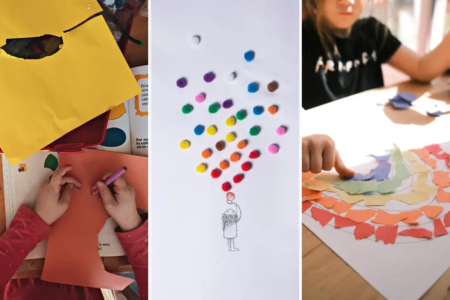 A collage of three images of children’s arts and crafts activities. The first image is of a child’s hands cutting out a yellow paper with scissors. The second image is of a white paper with a drawing of a person holding a balloon made of colorful pom poms. The third image is of a child working on a paper mosaic art project with orange and yellow paper.