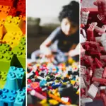 A collage of three images related to Lego bricks. The first image shows a close up of colorful Lego bricks in various shapes and sizes. The second image shows a child playing with Lego bricks on a carpeted floor. The third image shows a close up of red and white Lego bricks in a disorderly pile.