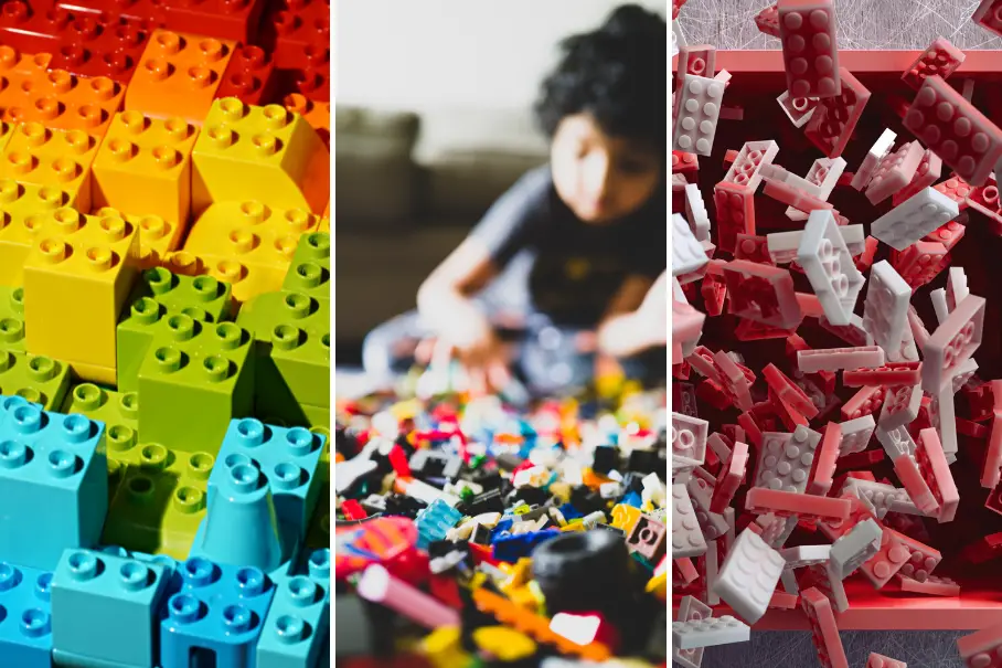 A collage of three images related to Lego bricks. The first image shows a close up of colorful Lego bricks in various shapes and sizes. The second image shows a child playing with Lego bricks on a carpeted floor. The third image shows a close up of red and white Lego bricks in a disorderly pile.