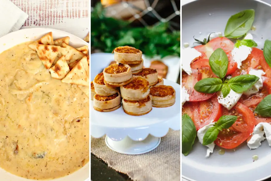 This is an image of a collage of three images of different dishes. The first image is of a creamy soup with croutons on a white plate with a red and white striped tablecloth in the background. The second image is of small puff pastry appetizers stacked on a white cake stand with a greenery background. The third image is of a tomato and mozzarella salad with basil on a white plate with a gray background.