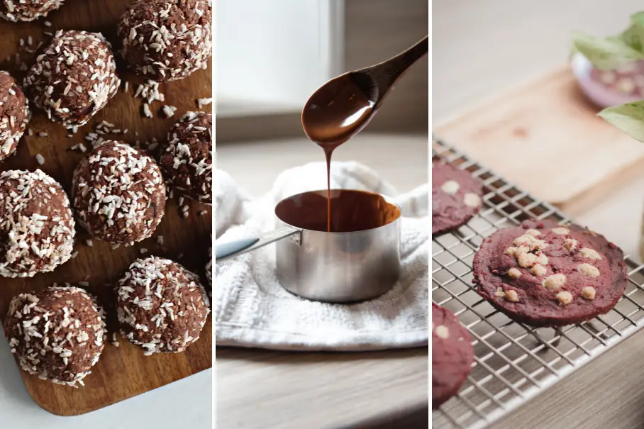 This is an image of a collage of three images that are related to baking. The first image is of a wooden board with six chocolate muffins with coconut shavings on top. The second image is of a small pot of melted chocolate being poured with a spoon. The third image is of a wire rack with a single raspberry muffin with white chocolate chips on top. All three images have a bright and clean aesthetic.
