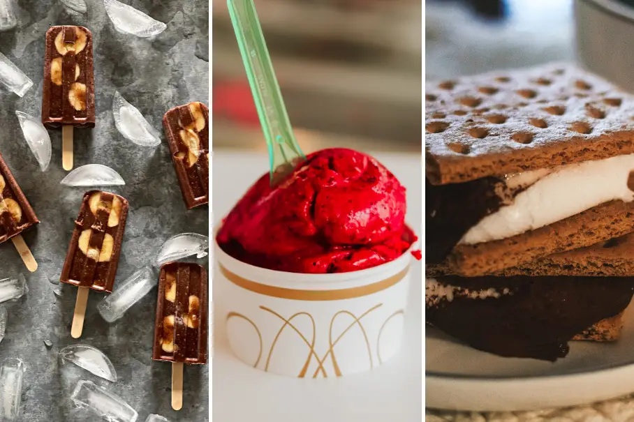 A collage of three delicious desserts: chocolate ice cream bars with nuts and caramel, red sorbet in a white cup with straws, and a plate of s'mores.