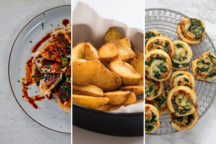 A collage of three savory dishes: Asian dumplings, roasted potatoes, and spinach and cheese pinwheels.