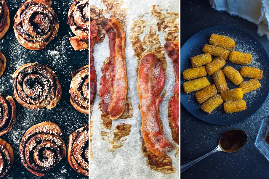 A triptych of three food images with a dark mood: cinnamon rolls with powdered sugar, bacon strips on parchment paper, and churros on a blue plate.
