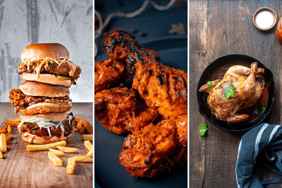 This is an image of a collage of three images of different types of food. The first image is of a stack of three burgers with fries on a wooden table. The burgers have different toppings and sauces. The second image is of a plate of fried chicken wings with a red sauce on a wooden table. The wings are crispy and have a golden color. The third image is of a whole roasted chicken in a black skillet with herbs on top. The chicken is golden brown and the skillet is on a blue and white striped towel.
