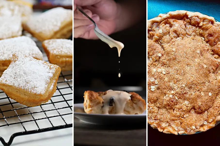 A collage of three baked desserts: square pastries with powdered sugar, bread pudding with white sauce, and apple crumble pie in a blue dish.