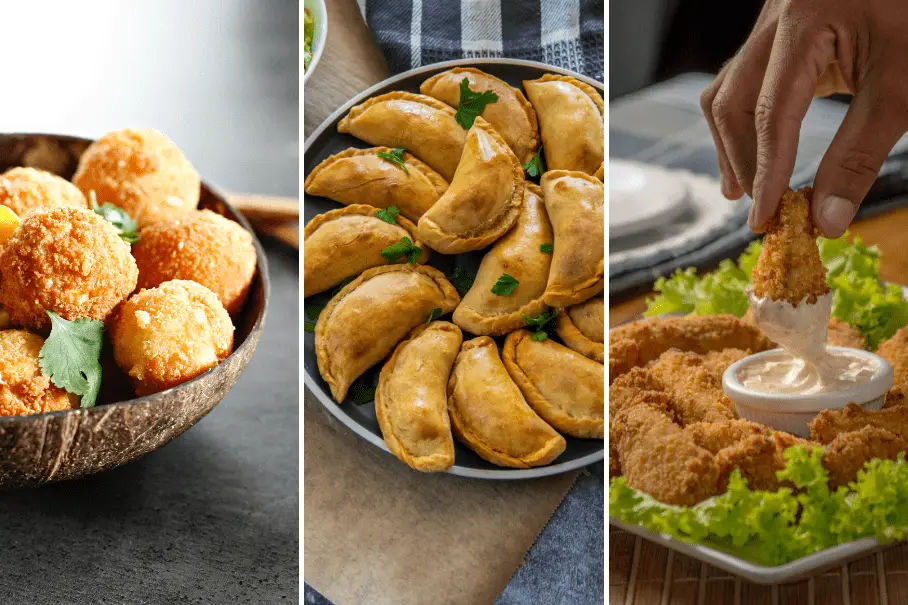A collage of three images of different types of fried food. The first image shows a bowl of round, golden fried balls with cilantro, which could be falafel. The second image shows a plate of fried dumplings with cilantro, which could be samosas. The third image shows a hand dipping a fried chicken tender into a white sauce on a bed of lettuce.