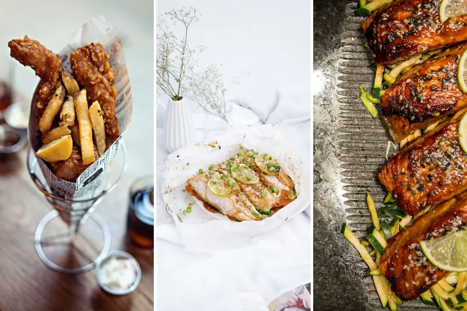 A triptych of three different dishes. The first image shows a cone of fried fish and chips with a lemon wedge. The second image shows a grilled fish with herbs and lemon slices on a white plate. The third image shows glazed salmon filets with green onions and sesame seeds on a metal tray.