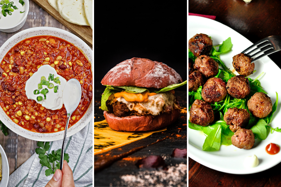 A collage of three images of different dishes. The first image shows a bowl of red soup with sour cream and parsley, which looks like chili. The second image shows a cheeseburger with a red bun and sesame seeds on a black background. The third image shows meatballs with a glaze on a bed of greens on a wooden table.