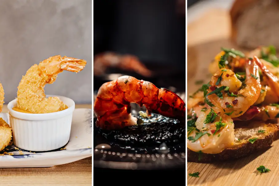 A collage of three images of different shrimp dishes. The first image shows two large breaded shrimp in a white ramekin on a wooden table. The second image shows a grilled shrimp on black rice on a black plate. The third image shows three small shrimp on toast with herbs on a wooden cutting board.
