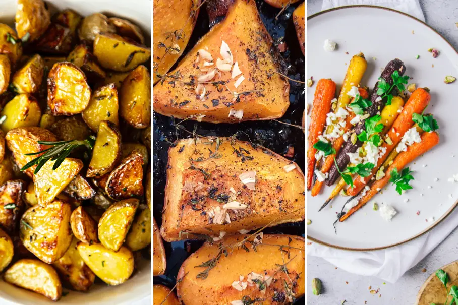 A collage of three images of different dishes. The first image shows roasted potatoes with rosemary and garlic on a white dish. The second image shows roasted butternut squash with almonds and herbs on a white plate. The third image shows roasted carrots with feta and parsley on a white dish. All three images are shot from above and have a light grey background.