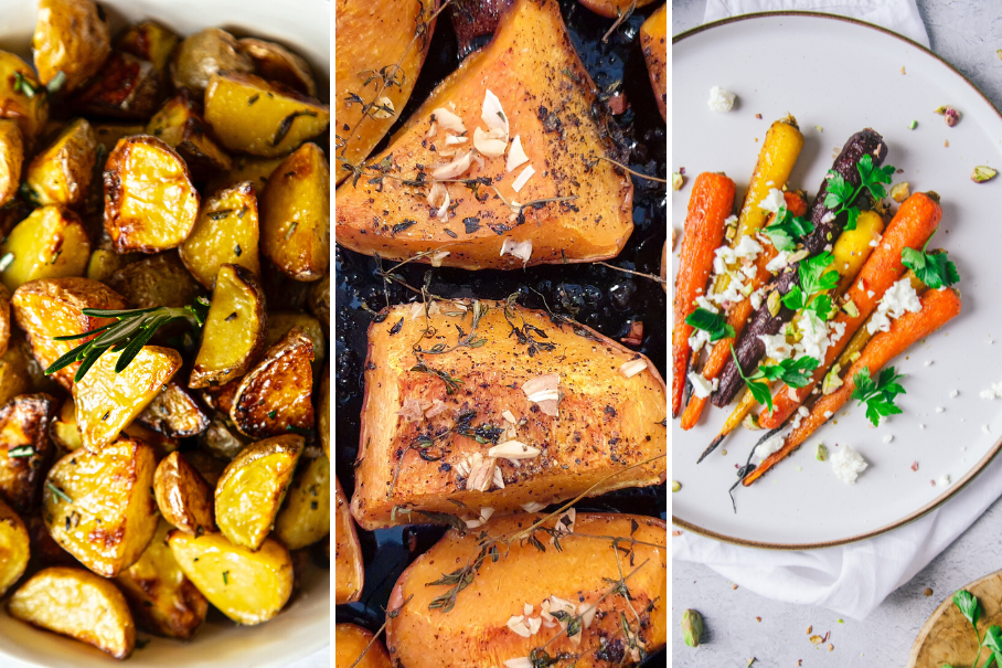 A collage of three images of different dishes. The first image shows roasted potatoes with rosemary and garlic on a white dish. The second image shows roasted butternut squash with almonds and herbs on a white plate. The third image shows roasted carrots with feta and parsley on a white dish. All three images are shot from above and have a light grey background.