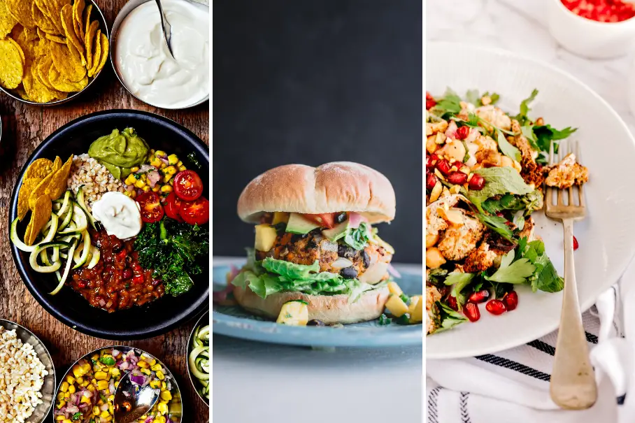 A collage of three different dishes: a black bowl of tortilla chips and toppings, a veggie burger with cheese and vegetables, and a plate of salad with pomegranate seeds.