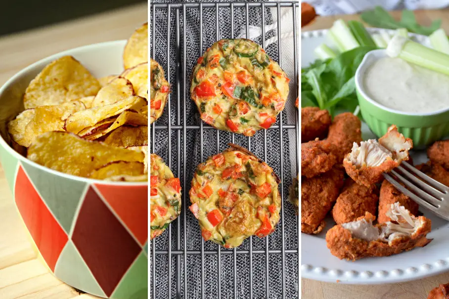 A collage of three different food items: potato chips in a red and white bowl, vegetable muffins on a black and white plate, and buffalo wings with celery and ranch dressing.