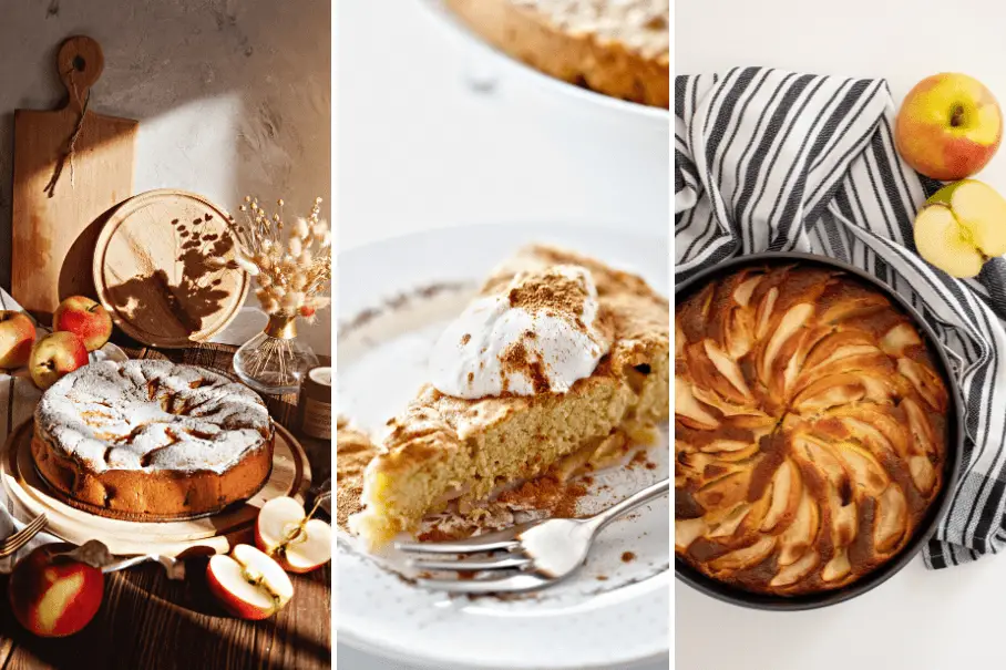 A collage of three apple desserts: apple cake with powdered sugar, apple pie with ice cream and cinnamon, and apple tart with lattice crust.