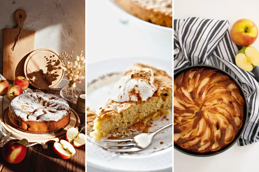 A collage of three apple desserts: apple cake with powdered sugar, apple pie with ice cream and cinnamon, and apple tart with lattice crust.