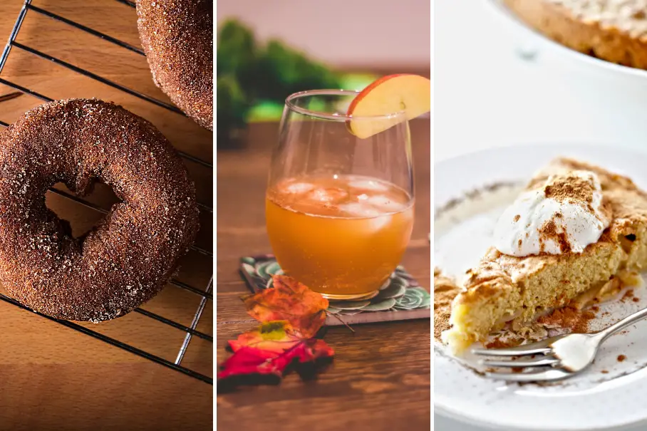 A collage of three images of food. The first image is of an apple cider doughnut with sugar sprinkles on a wire rack. The second image is of a glass of apple cider with a slice of apple and a straw on a wooden table with a green background. The third image is of a slice of apple cake with whipped cream on a white plate with a fork. There are autumn leaves scattered around the plate.