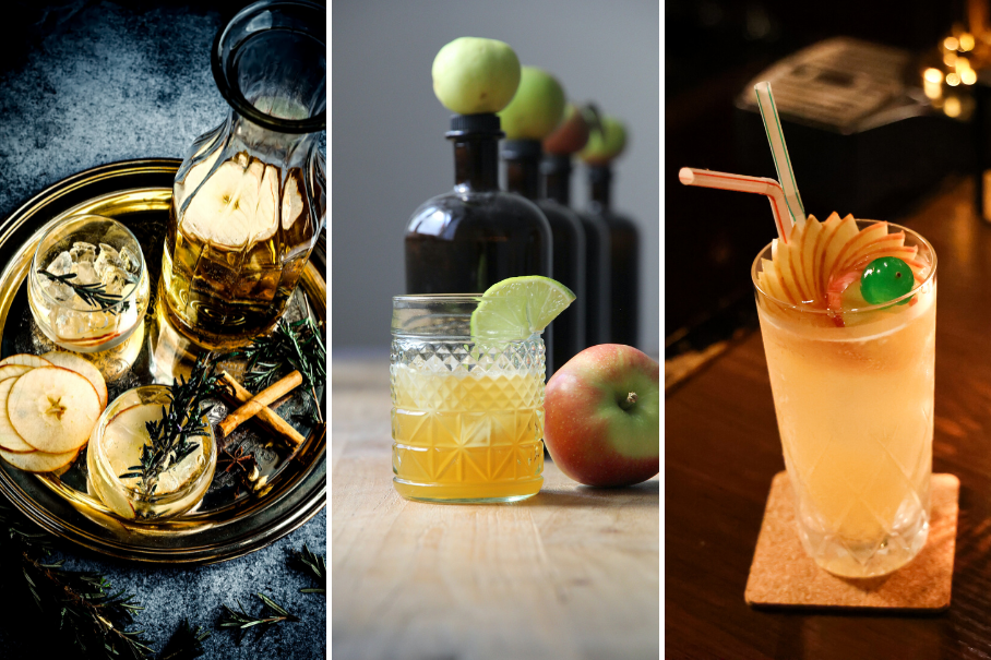 A collage of three different cocktails: a dark drink in a jar with apple slices and spices, a yellow drink in a glass with lime and bottle, and a pink drink in a glass with cherry and apples.