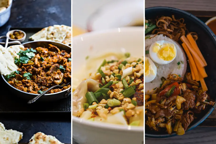 A collage of three images of different dishes. The first image shows a dish with minced meat, herbs and spices in a black bowl, which could be kheema. The second image shows a white bowl of soup with green vegetables, peanuts and a boiled egg, which could be sayur lodeh. The third image shows a black bowl of rice with carrots, meat and a boiled egg, which could be nasi goreng.
