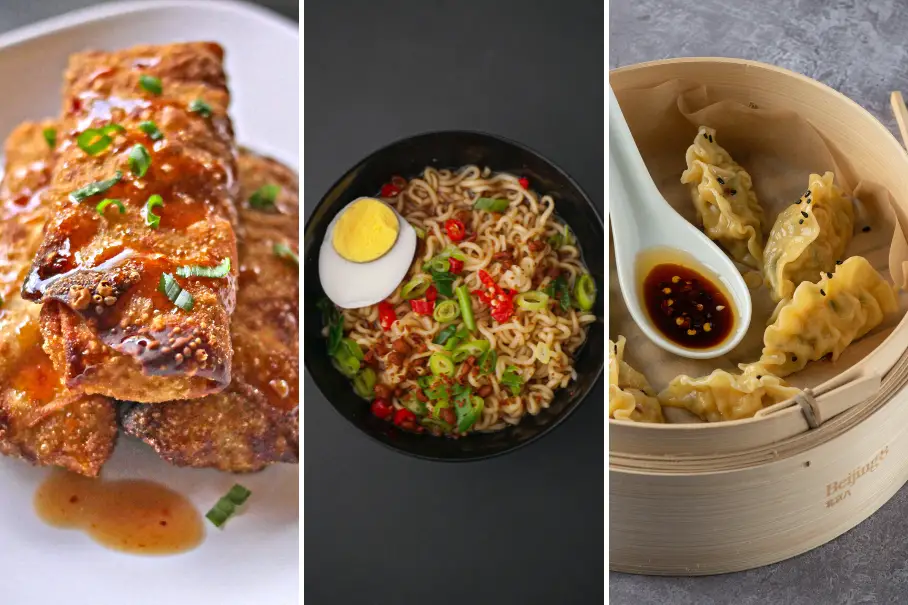 This is an image of a collage of three images of different Asian dishes. The first image is of a dish with crispy fried chicken with a sweet and spicy sauce on top. It is garnished with green onions and sesame seeds. The second image is of a bowl of ramen noodles with a soft boiled egg, green onions, and red chili flakes on top. The third image is of steamed dumplings in a bamboo steamer with a side of soy sauce for dipping. The dumplings are filled with meat and vegetables.