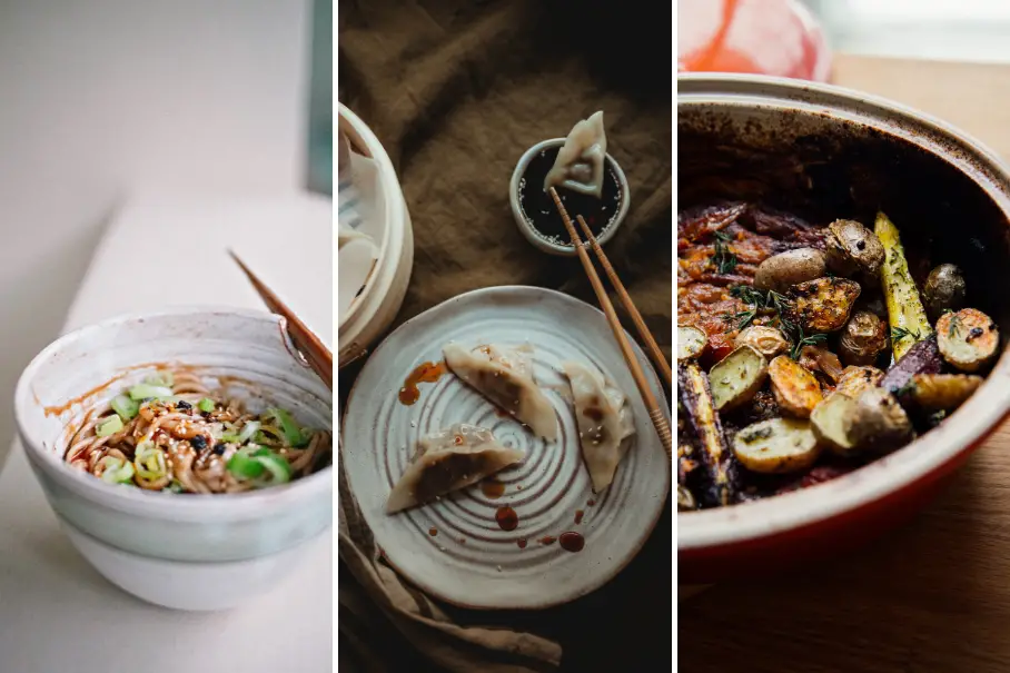 This is an image of a collage of three images of food dishes. The first image is of a white bowl with noodles and vegetables in a red sauce. The bowl is on a wooden table and there is a pair of chopsticks resting on the bowl. The second image is of a white plate with two dumplings on it. The plate is on a wooden table and there is a pair of chopsticks resting on the plate. The third image is of a red bowl with roasted vegetables and mushrooms in it. The bowl is on a wooden table and there is a wooden spoon resting in the bowl.