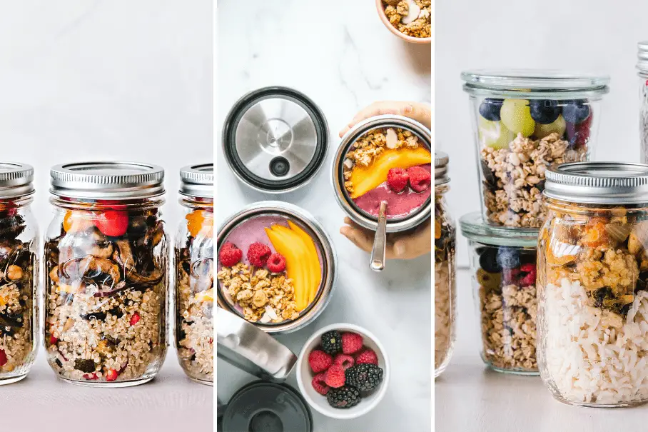 A collage of three images of mason jars filled with different types of food. The first image is of two mason jars filled with granola, berries, and nuts. The second image is of a mason jar filled with a smoothie and topped with fruit and nuts. The third image is of a mason jar filled with rice, vegetables, and chickpeas. All three images have a white background.