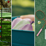 A triptych of three images related to outdoor games and activities. The first image is of a ladder ball game set up on a lawn. The second image is of a blue bucket filled with colorful water balloons. The third image is of two badminton rackets, a shuttlecock, and a water bottle on a green turf surface.
