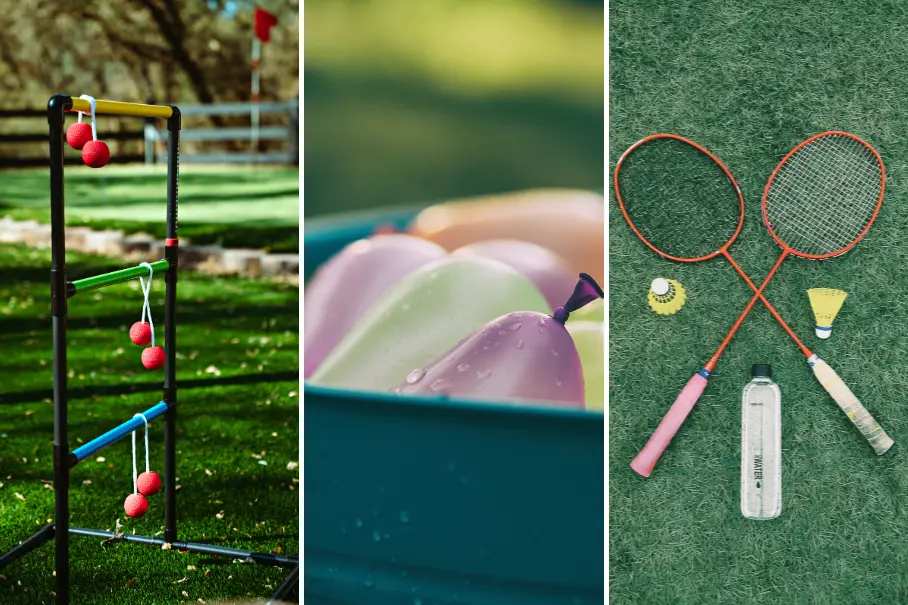 A triptych of three images related to outdoor games and activities. The first image is of a ladder ball game set up on a lawn. The second image is of a blue bucket filled with colorful water balloons. The third image is of two badminton rackets, a shuttlecock, and a water bottle on a green turf surface.