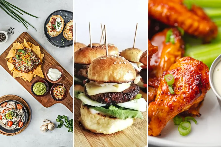 A collage of three images of different types of food. The first image shows a wooden board with tortilla chips, guacamole, salsa, tacos and soup. The second image shows a burger with cheese, lettuce, pineapple, skewer and potatoes. The third image shows chicken wings with celery, blue cheese dressing, red sauce and green onions.