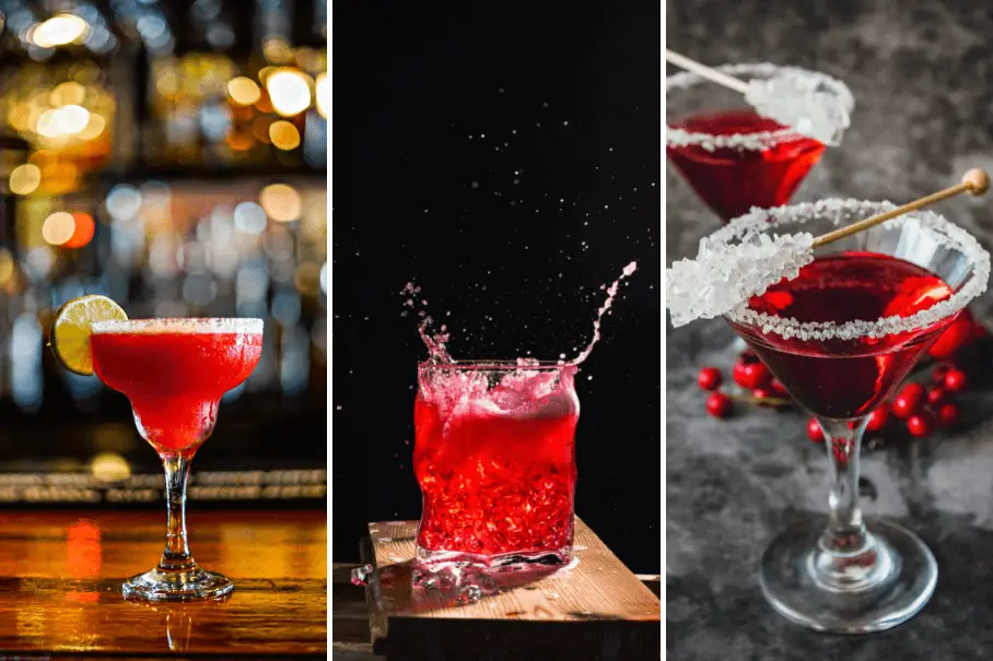 This is an image of a collage of three images of cocktails. The first image is of a red cocktail in a margarita glass with a lemon wedge on the rim. It is on a wooden bar with bottles in the background. The second image is of a red cocktail in a rocks glass with a splash of liquid and ice. The background is black. The third image is of a red cocktail in a martini glass with a sugar rim and a gold cocktail pick with red berries. The background is grey.