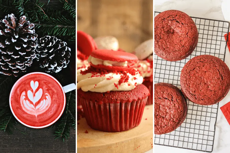 A collage of three festive images: a pine cone on a Christmas tree branch, a red velvet cupcake with cream cheese frosting, and three red velvet cookies on a wire rack.