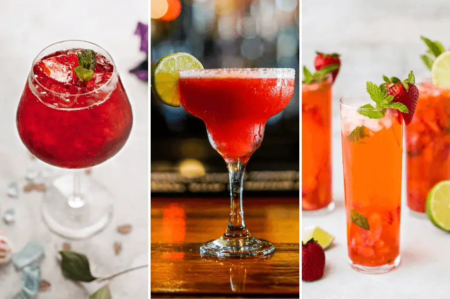 A collage of three images of different cocktails: a red cocktail in a large round glass with a strawberry and mint garnish, a red cocktail in a martini glass with a lime wedge garnish, and a pink cocktail in a tall glass with a strawberry and mint garnish. All three images have a blurred background, likely of a bar or restaurant setting.