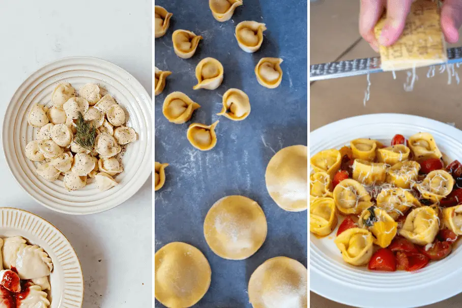 This is an image of a collage of three images of Italian pasta dishes. The first image is of a white plate with a serving of tortellini in a cream sauce with herbs. The second image is of a blue-grey countertop with rows of uncooked tortellini and ravioli. The third image is of a white plate with a serving of tortellini in a tomato sauce with basil and grated cheese. All three images are shot from a top-down perspective.