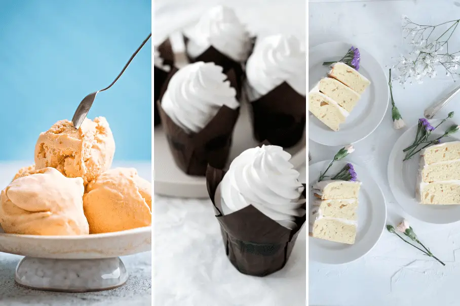 This is an image of a collage of three images of different desserts. The first image is of a white bowl of peach ice cream with a spoon in it. The background is a light blue. The second image is of two chocolate pudding cups with whipped cream on top. The background is white. The third image is of three slices of vanilla cake with purple flowers on top. The background is white.