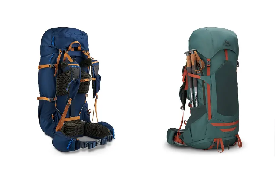 A photo realistic image of two backpacks side by side. The backpack on the left is blue with orange straps and buckles. It has a large main compartment and a smaller compartment on the bottom. The backpack on the right is green with orange straps and buckles. It has a large main compartment and a smaller compartment on the top. Both backpacks have padded shoulder straps and waist belts. The background is white.